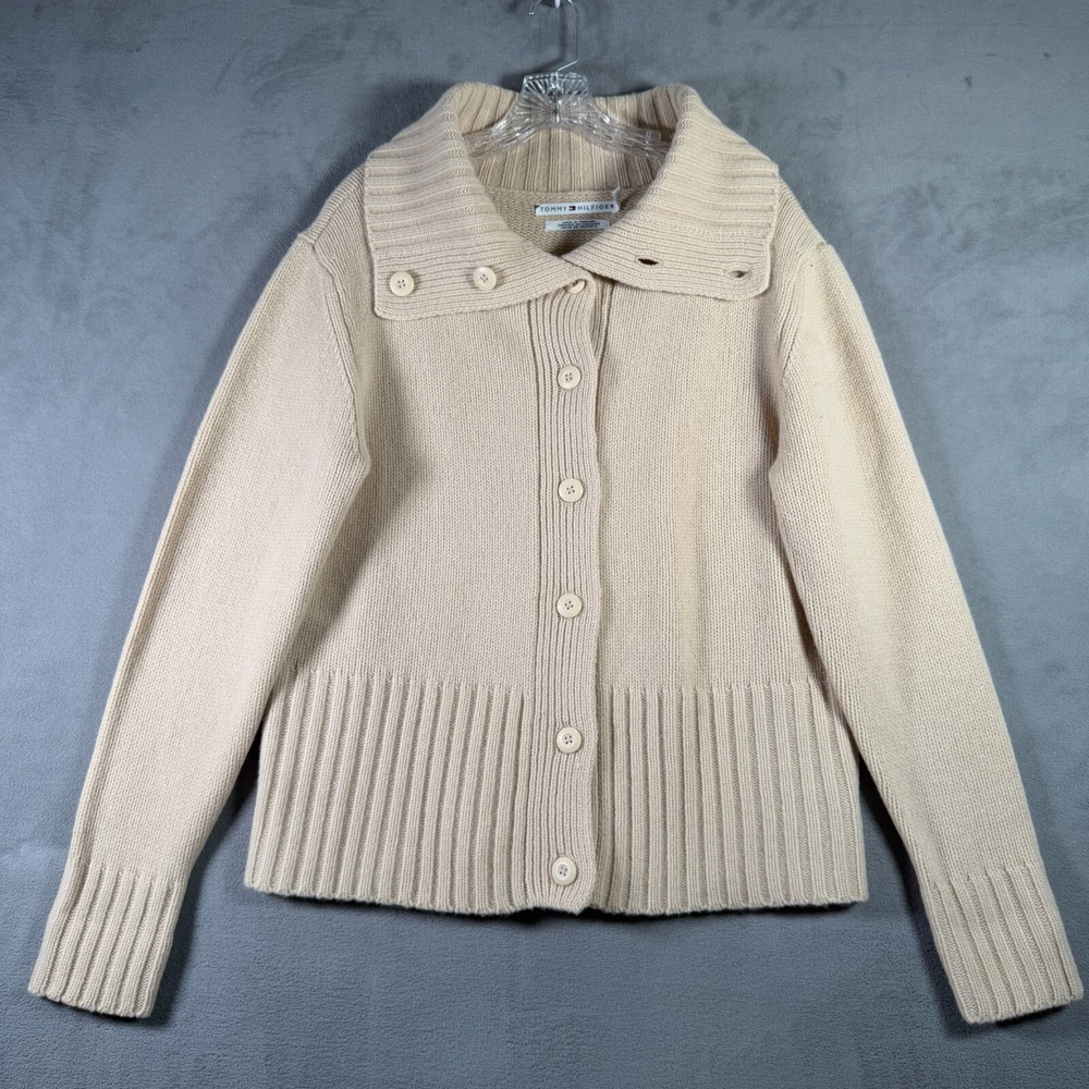 Tommy Hilfiger Cardigan Womens XL Beige 100% Lambswool Light Academia Preppy